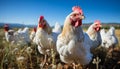 Healthy, free range chickens graze in a green meadow generated by AI