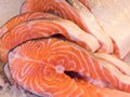 Healthy and fresh atlanic salmon sliced into steaks