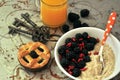 Healthy , fresh breakfast with blackberries and orange juice