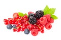 Healthy fresh food berries group. Macro shot of fresh raspberries, blueberries, blackberries, red currant and blackberry with leav Royalty Free Stock Photo