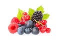 Healthy fresh food berries group. Macro shot of fresh raspberries, blueberries, blackberries, red currant and blackberry with leav