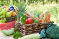 Healthy fresh food in healthy diet, organic fruit and vegetable in wicker basket on table Royalty Free Stock Photo
