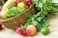 Healthy fresh food, organic fruit and vegetable on wooden table closeup Royalty Free Stock Photo
