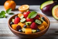 Healthy fresh fruit salad in bowl, Low calorie tasty dessert concept Royalty Free Stock Photo