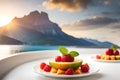 Healthy fresh fruit salad in bowl, Low calorie tasty dessert concept Royalty Free Stock Photo