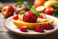 Healthy fresh fruit salad in bowl, Low calorie tasty dessert concept Royalty Free Stock Photo