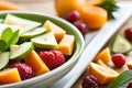 Healthy fresh fruit salad in bowl, Low calorie tasty dessert concept Royalty Free Stock Photo