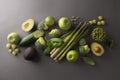 Healthy fresh green vegetables and fruits: asparagus, cucumber, basil, green peas, avocado, broccoli, lime, apples, grapes,