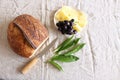 Healthy fresh sandwich with cheese and young leaves of Allium ursinum. Bear garlic has excellent healing abilities and Royalty Free Stock Photo