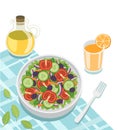 Healthy fresh vegetable salad of cucumber, tomato, spinach, lettuce, onion with orange juice. Royalty Free Stock Photo