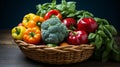 Healthy of Fresh Vegetables a farmer a basket of freshly harvested vegetables.The vibrant assortment of broccoli, tomatoes, and