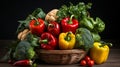 Healthy of Fresh Vegetables a farmer a basket of freshly harvested vegetables.The vibrant assortment of broccoli, tomatoes, and