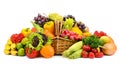 Healthy fresh vegetables and fruits in willow basket isolated on Royalty Free Stock Photo