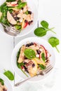 Healthy fruit and berry salad with fresh apples, cranberries, walnuts, italian ricotta cheese and spinach leaves. Delicious and nu Royalty Free Stock Photo