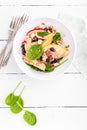 Healthy fruit and berry salad with fresh apples, cranberries, walnuts, italian ricotta cheese and spinach leaves. Delicious and nu Royalty Free Stock Photo