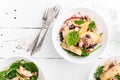 Healthy fruit and berry salad with fresh apples, cranberries, walnuts, italian ricotta cheese and spinach leaves. Delicious and nu Royalty Free Stock Photo