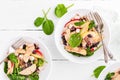 Healthy fruit and berry salad with fresh apples, cranberries, walnuts, italian ricotta cheese and spinach leaves. Delicious and nu Royalty Free Stock Photo