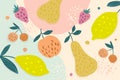 Healthy fruit doodle background. Summer fruit banner with pear, apple, cherry, strawberry, lemon