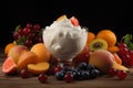 Healthy fruit milk dessert in glass bowl with pieces of peach and strawberry. Generate Ai Royalty Free Stock Photo