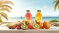 Healthy fruit smoothies in bottles on wooden table with tropical beach background Royalty Free Stock Photo