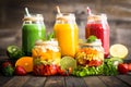 Healthy fruit and vegetable salad and smoothies Royalty Free Stock Photo