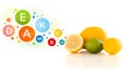 Healthy fruits with colorful vitamin symbols and icons