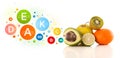 Healthy fruits with colorful vitamin symbols and icons