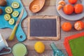 Healthy fruits and juice on wooden table. View from above