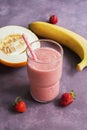 Healthy fruity berry smoothie, strawberry, banana and melon. Selective focus. Dietary drink