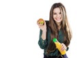 Healthy girl with water and apple diet smiling on white