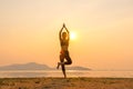 Healthy Good. Meditation yoga lifestyle woman silhouette on the river sunset, relax vital. Royalty Free Stock Photo