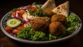 Healthy gourmet veggie bowl with falafel and hummus generated by AI