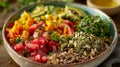 A healthy grain bowl overflowing with colorful toppings and drizzled with a bold nutty organic pumpkin seed oil