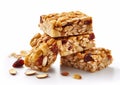 Healthy granola cereal bars with oats, nuts, and chocolate on white background.Macro.AI Generative