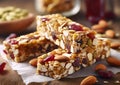 Healthy granola cereal bars with oats, nuts, and raisins on table.Macro.AI Generative