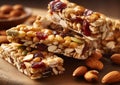 Healthy granola cereal bars with oats, nuts, and raisins on table.Macro.AI Generative