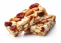 Healthy granola cereal bars with oats, nuts, and raisins on white background.Macro.AI Generative