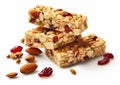 Healthy granola cereal bars with oats, nuts, and raisins on white background.Macro.AI Generative