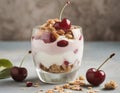 Healthy granola with yogurt and cherries, in a glass