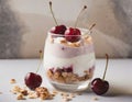 Healthy granola with yogurt and cherries, in a glass