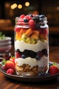 Healthy Greek yogurt parfait with granola, fruits and berries