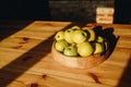 Healthy green food with apples on wood plates desk background mock up Royalty Free Stock Photo