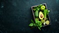 Healthy Green food Clean eating selection Protein source for vegetarians: avocado, lime, onion, apple, kiwi, spirulina.