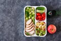 Healthy green meal prep containers with chicken fillet, rice, brussels sprouts Royalty Free Stock Photo