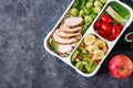 Healthy green meal prep containers with chicken fillet, rice, brussels sprouts Royalty Free Stock Photo