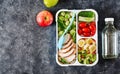 Healthy green meal prep containers with chicken fillet, rice, brussels sprouts Royalty Free Stock Photo