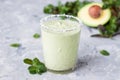 Healthy green milkshake or smoothie with avocado and mint