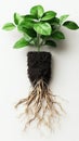 Healthy green plant with visible extensive root system and soil block on a clean white background Royalty Free Stock Photo