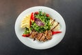 Healthy green salad with crispy fried meat and fresh vegetables. Concept healthy and balanced eating. place for text Royalty Free Stock Photo