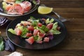 Salad with grapefruit, lose weigh food. Diet plan. Wooden rustic table